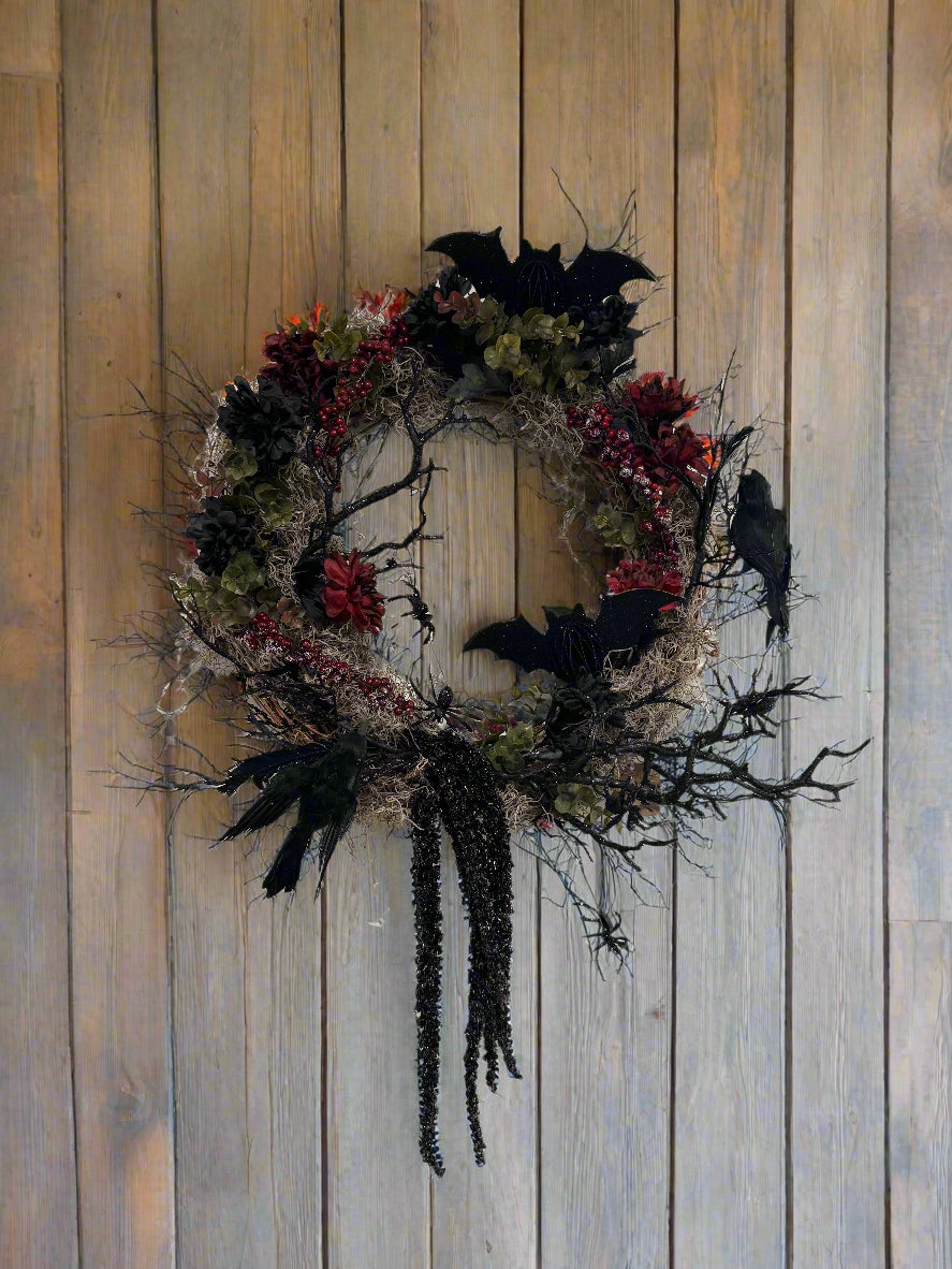 Halloween Wreath with Ravens, Bats, and Spiders