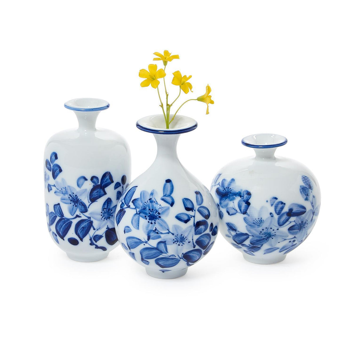 Petite Hand-Painted Chinoiserie Blue and White Floral Vases