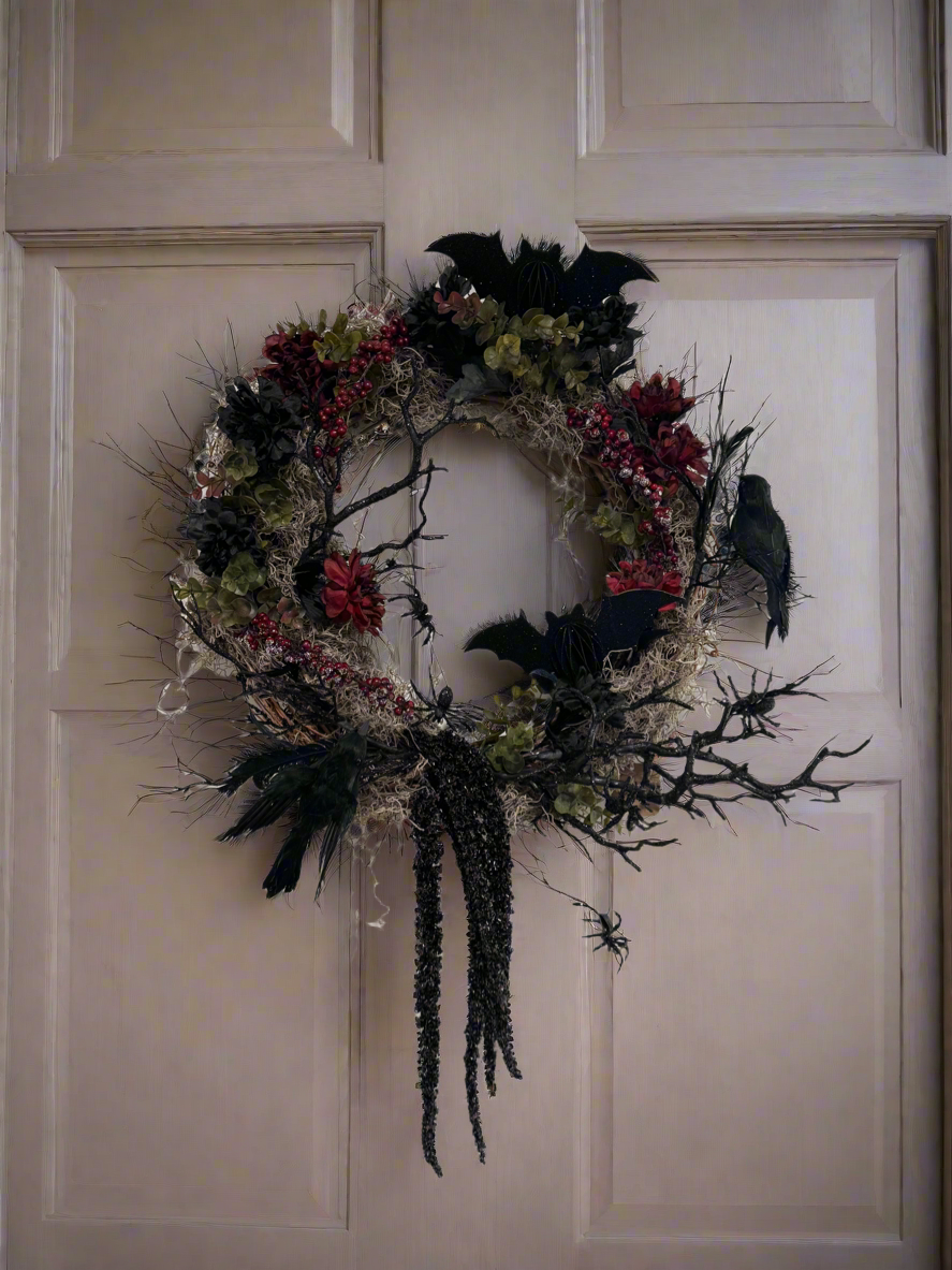 Halloween Wreath with Ravens, Bats, and Spiders