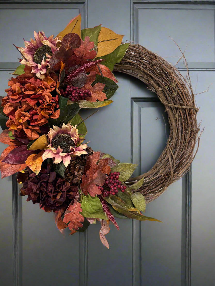 Luxe Fall Wreath with Hydrangea and Sunflowers