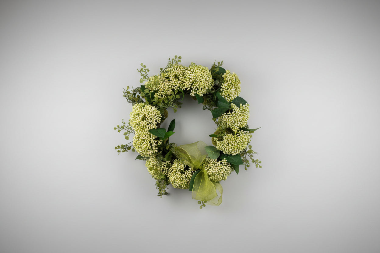 Small wreath with green tone florals and a small bow