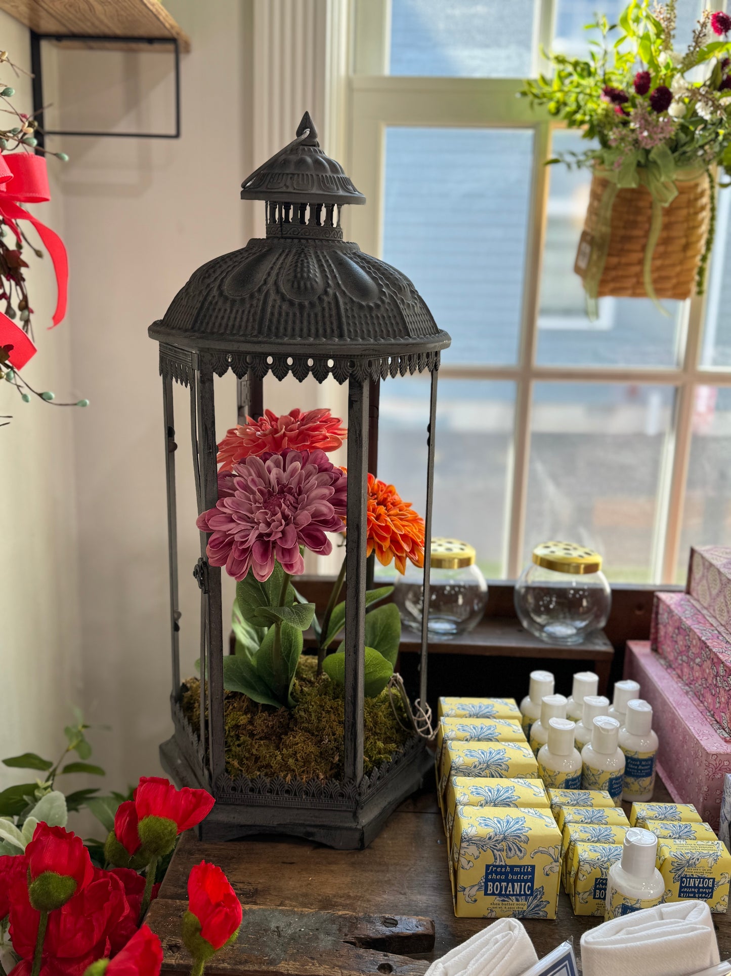 Garden Zinnias in Antiqued Lantern