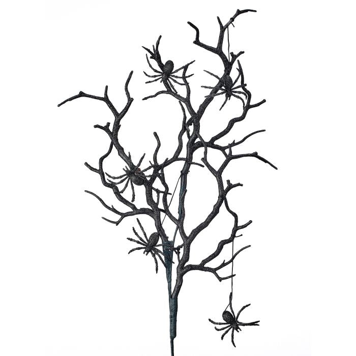 Black Branch with Hanging Spiders