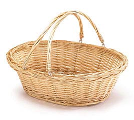 A natural willow basket with a handle, medium in size, with a plain weave design.