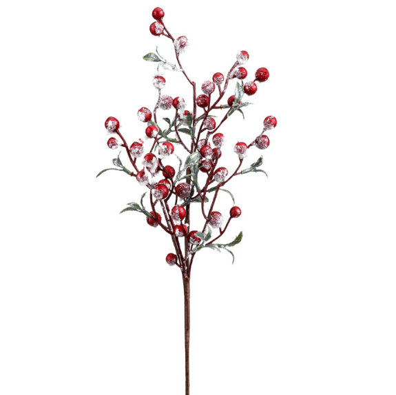 Artificial Red Berry stem with glittery snow accent