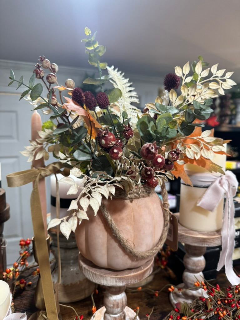 Faux Dried Look Flower Arrangement in Frosted Pumpkin Vase