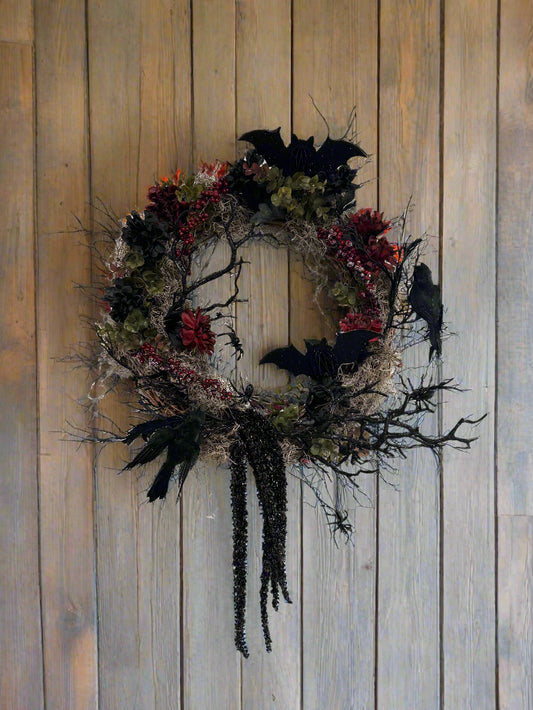 Halloween Wreath with Ravens, Bats, and Spiders