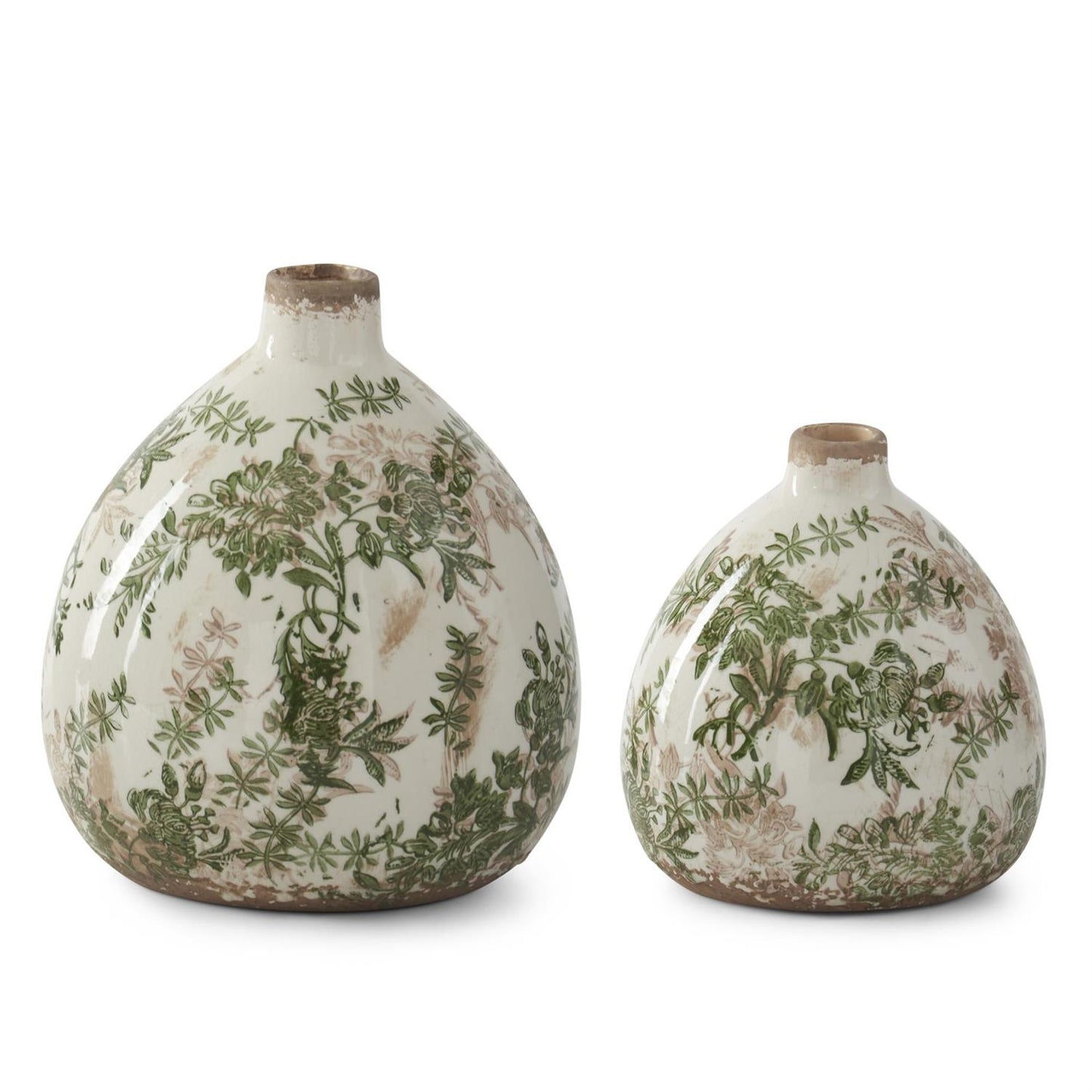 Green & Cream w/Brown Crackled Ceramic Chinoiserie Bud Vase