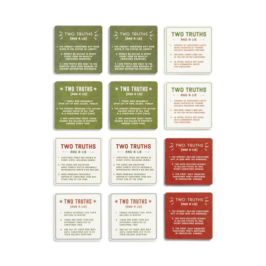 Set of 'Two Truths and a Lie' cards in various colors on a white background
