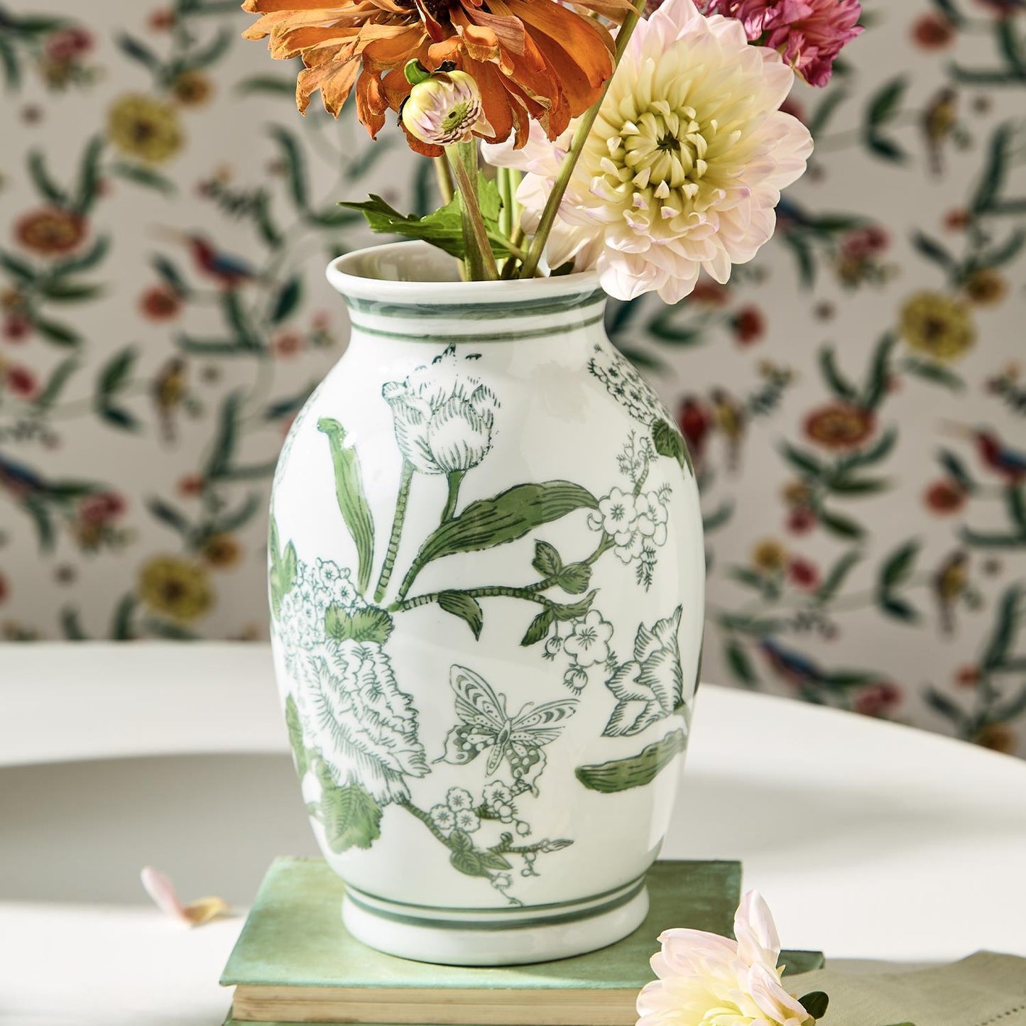 Primrose and Lotus Hand-Painted Mini Green and White Chinoiserie Vases