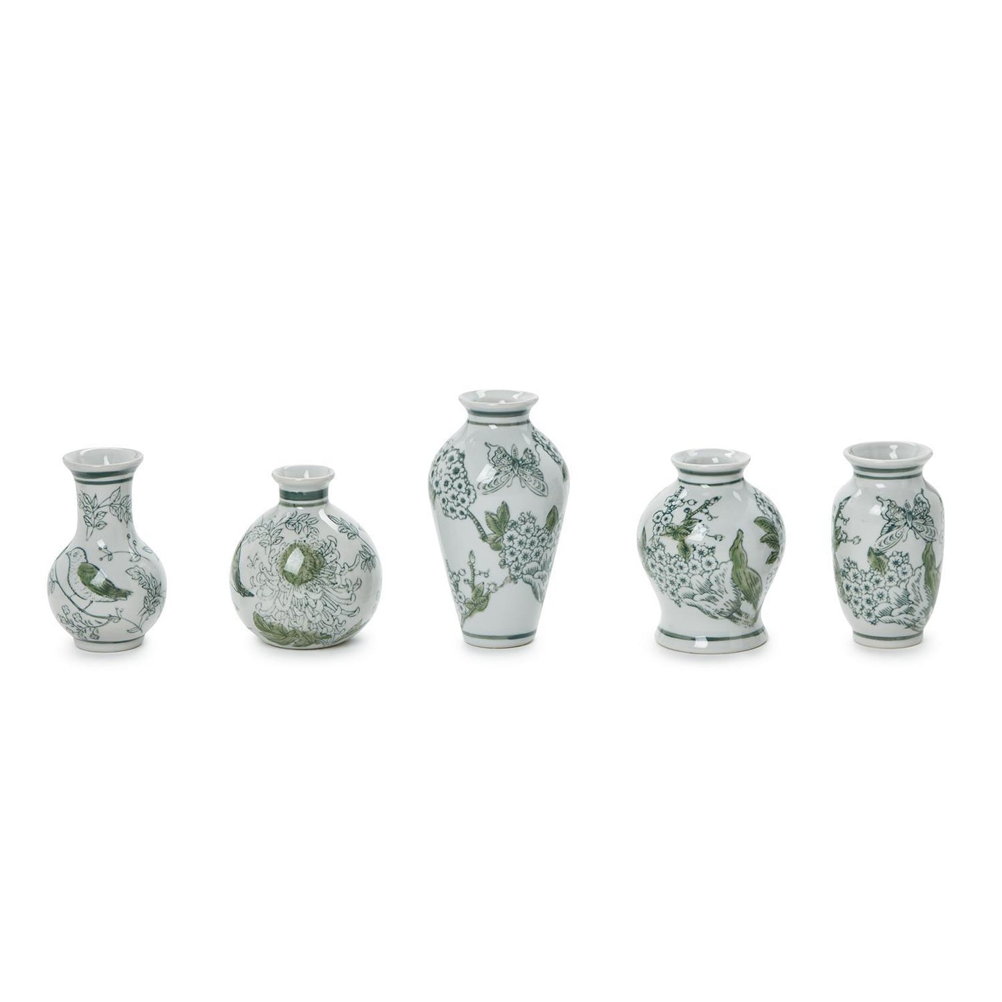 Primrose and Lotus Hand-Painted Mini Green and White Chinoiserie Vases