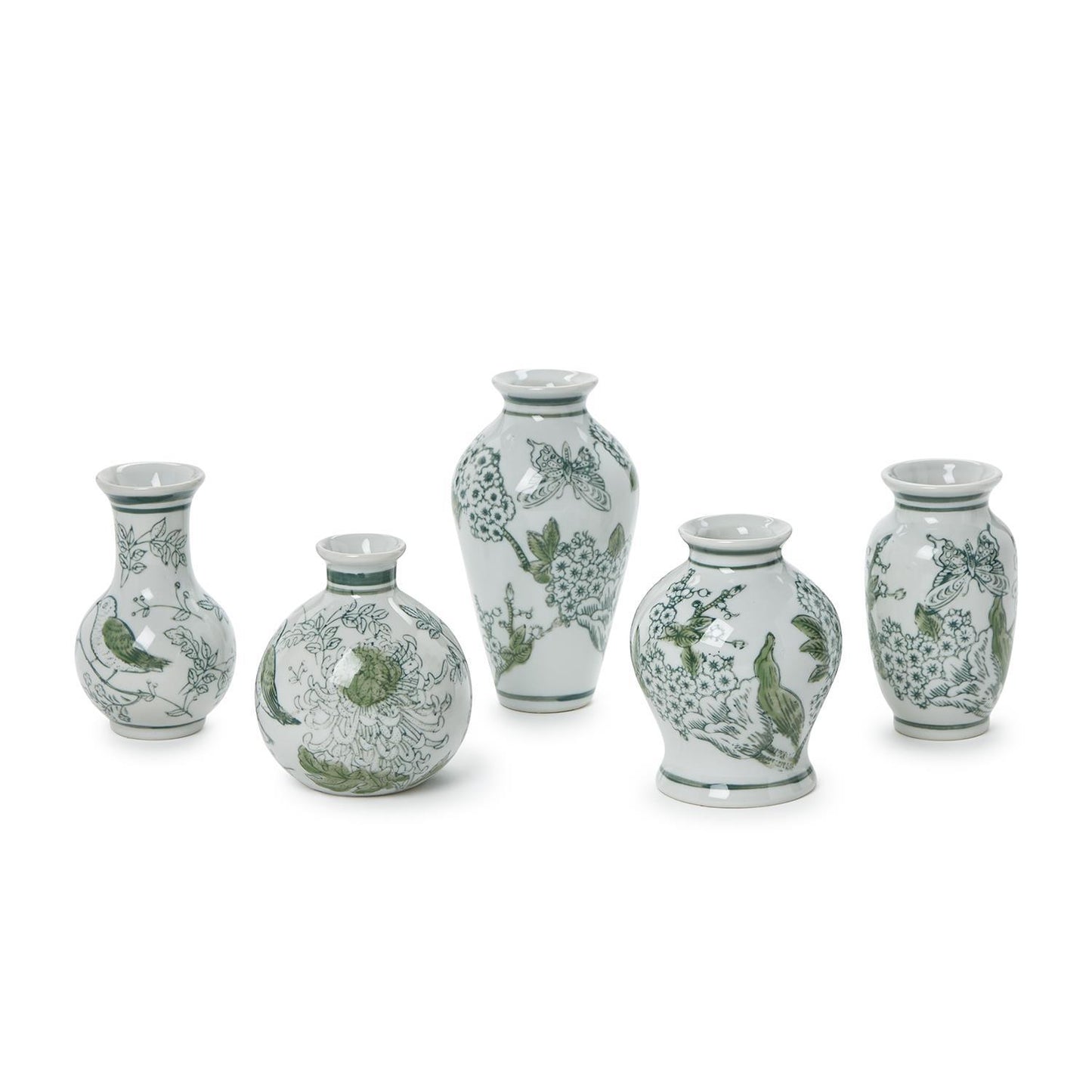 Primrose and Lotus Hand-Painted Mini Green and White Chinoiserie Vases