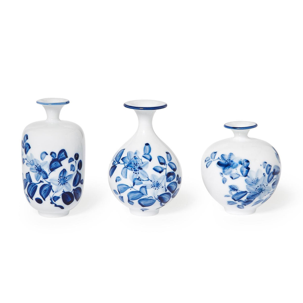 Petite Hand-Painted Chinoiserie Blue and White Floral Vases