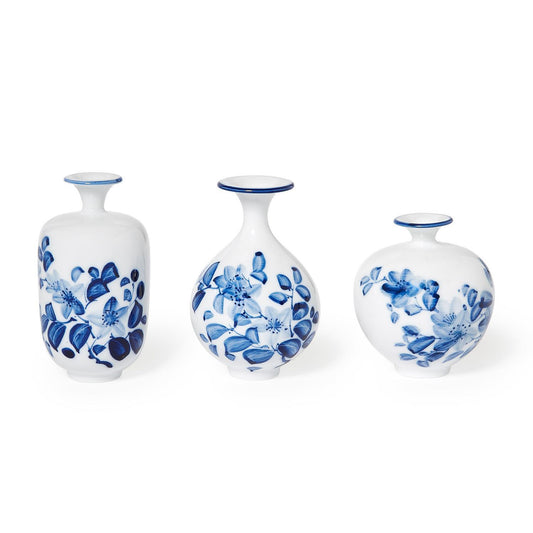Petite Hand-Painted Chinoiserie Blue and White Floral Vases