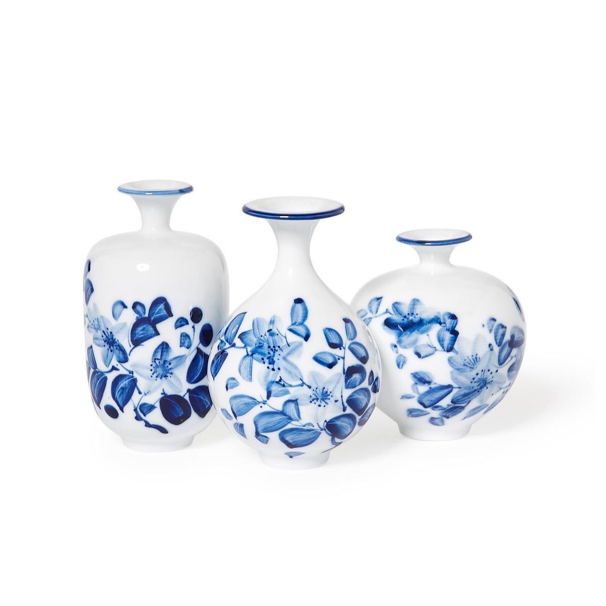 Petite Hand-Painted Chinoiserie Blue and White Floral Vases