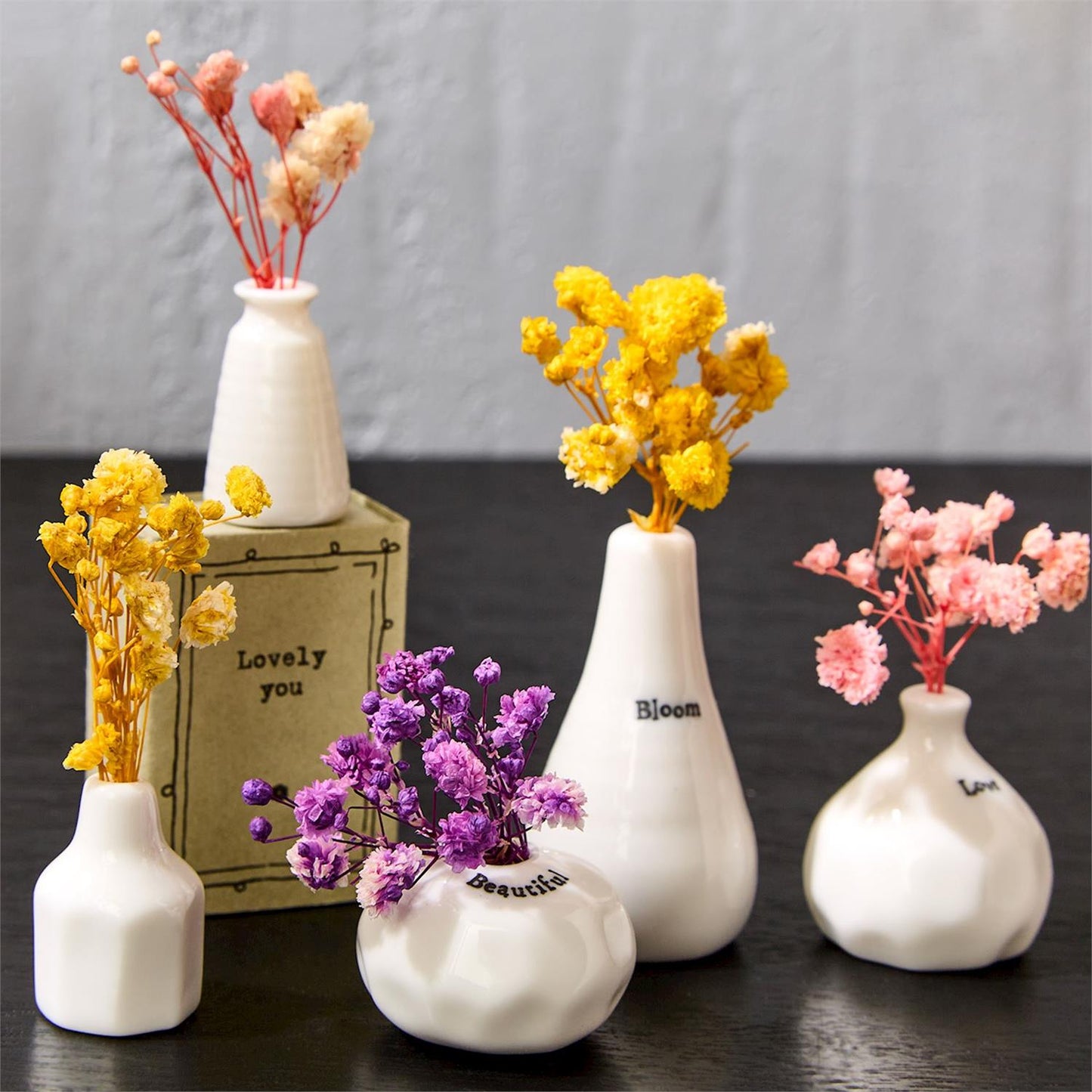 Lovely Matchbox Vase with Dried Flowers in Gift box Asst 4 Sayings