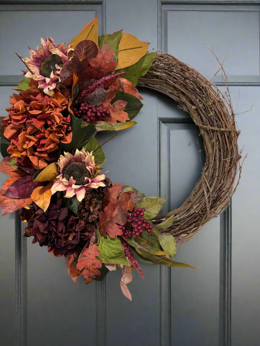 Luxe Fall Wreath with Hydrangea and Sunflowers