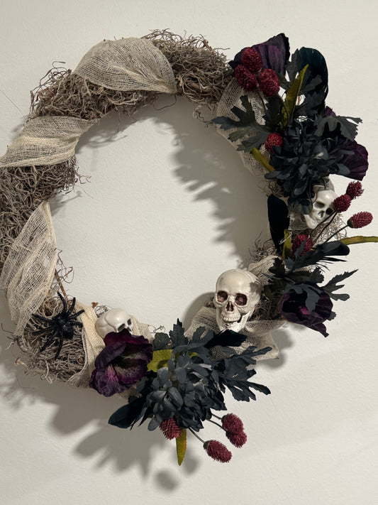 All Wrapped Up Skull and Spider Halloween wreath