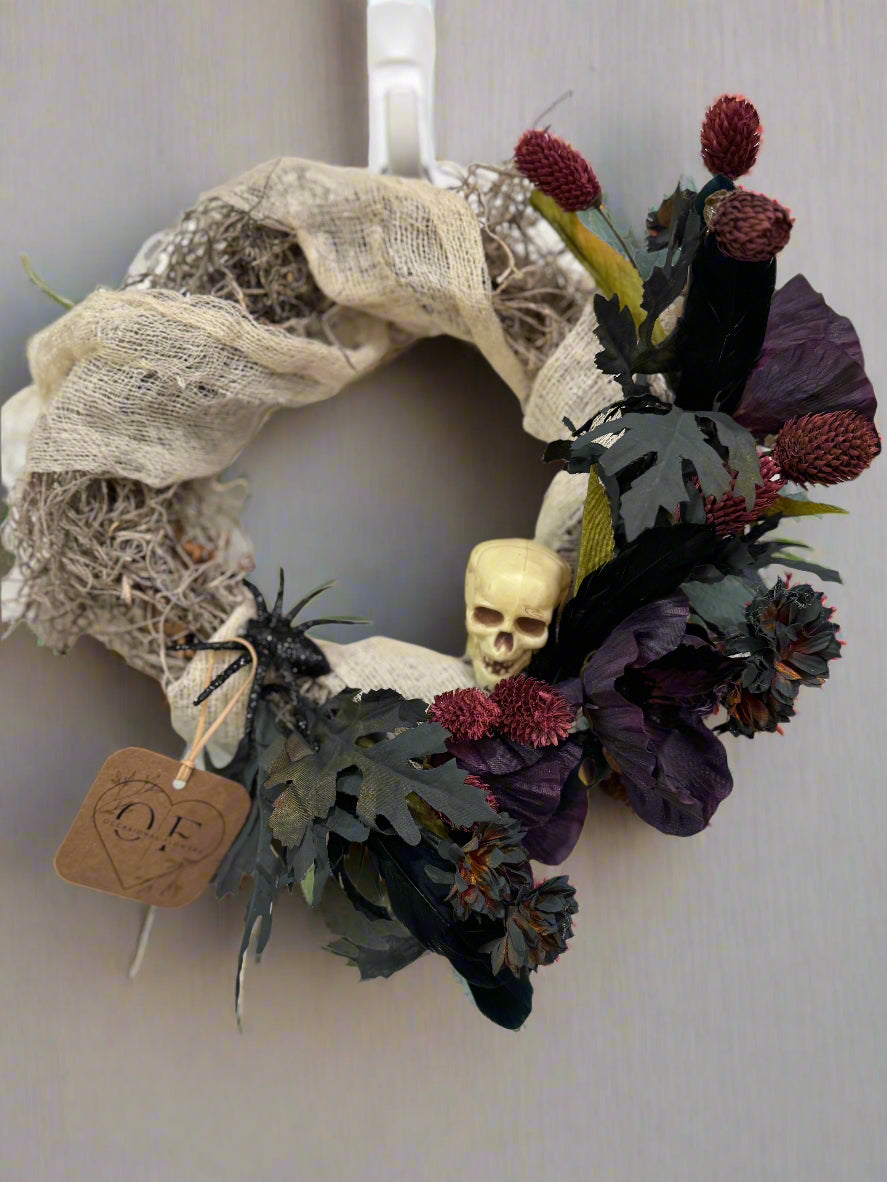 X-Small All Wrapped Up Skull and Spider Halloween wreath