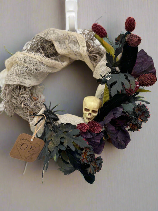 X-Small All Wrapped Up Skull and Spider Halloween wreath