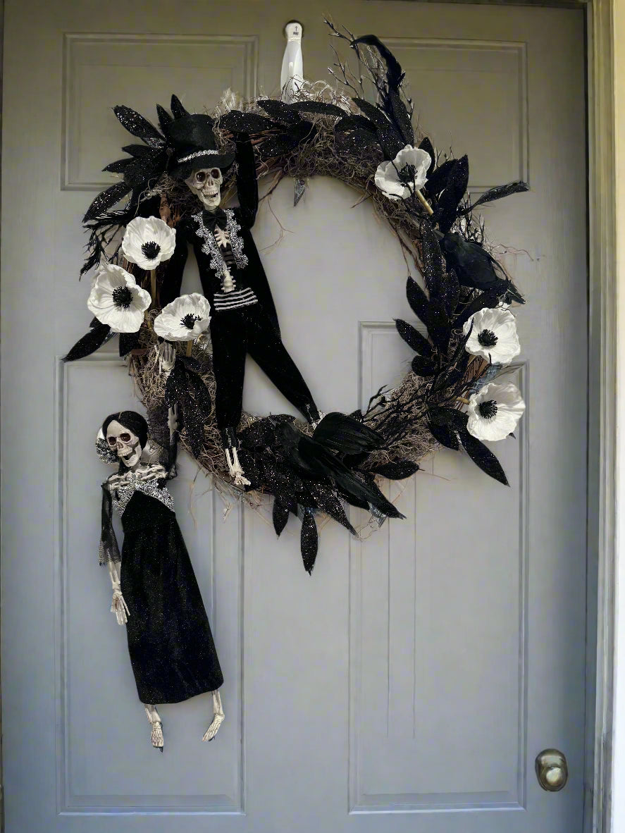 Halloween Wreath with Skeleton couple and ravens