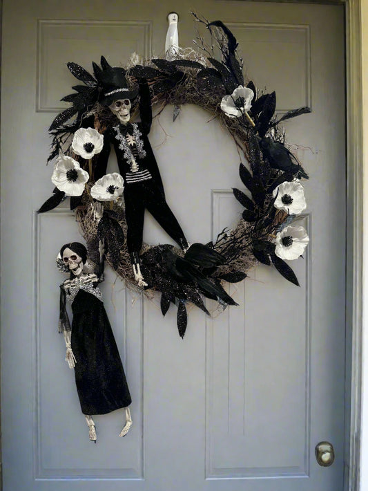 Halloween Wreath with Skeleton couple and ravens