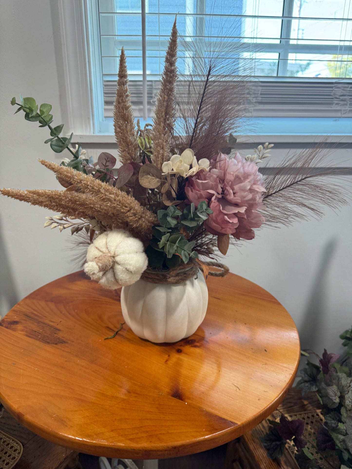 Faux Dried Look Flower Arrangement in Frosted Pumpkin Vase