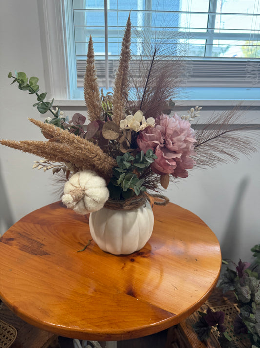 Faux Dried Look Flower Arrangement in Frosted Pumpkin Vase