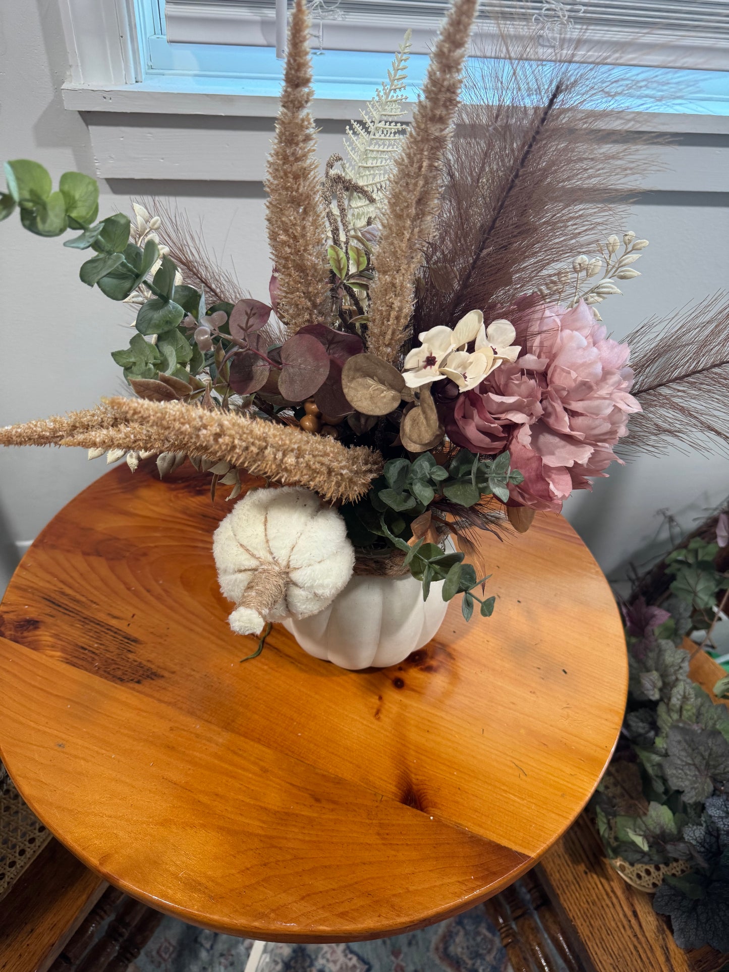 Faux Dried Look Flower Arrangement in Frosted Pumpkin Vase