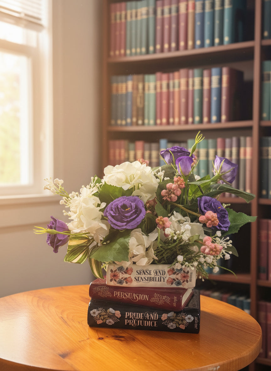 Bouquet of flowers on a stack of books 