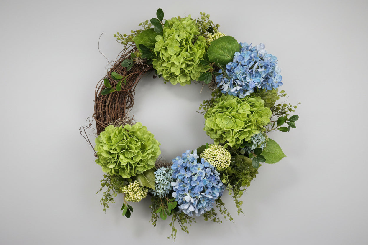 Wreath with green and blue flowers on a white background