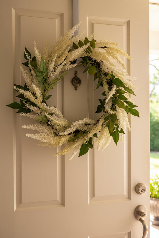 Floral wreath with white flowers and green leaves on a door