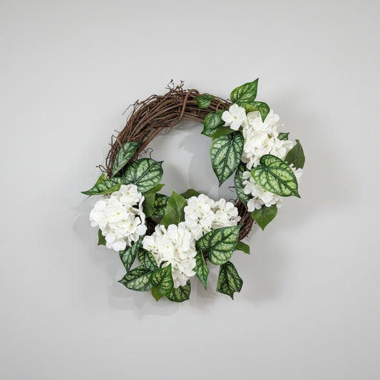 White Hydrangea and Variegated Peperomia Wreath