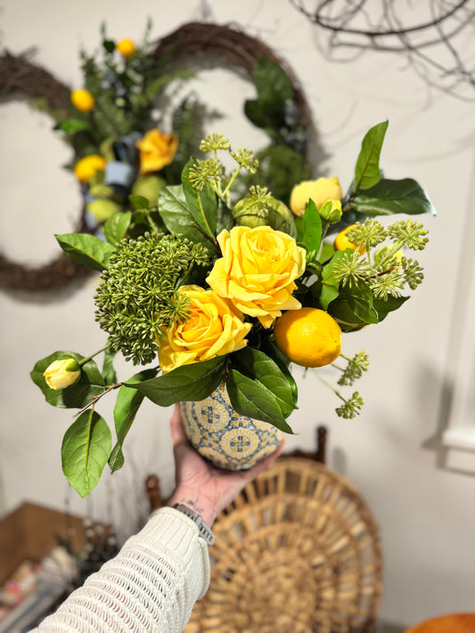 Lemons, Roses, and Ranunculus Arrangement