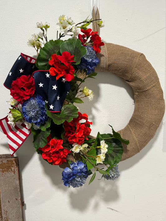 Patriotic Wreath on Straw and Burlap base
