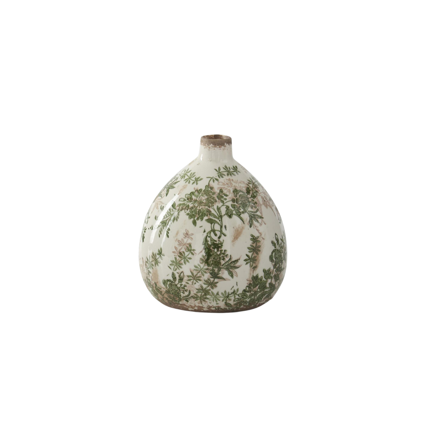 Green & Cream w/Brown Crackled Ceramic Chinoiserie Bud Vase