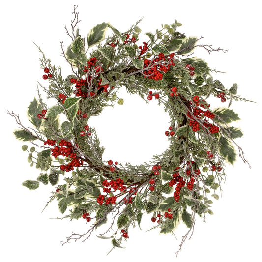 24" WINTER FROSTED W/BERRY AND HOLLY WREATH