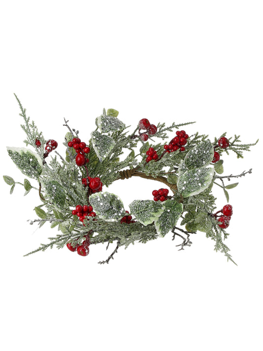14" WINTER FROST W/BERRY AND HOLLY CANDLE RING