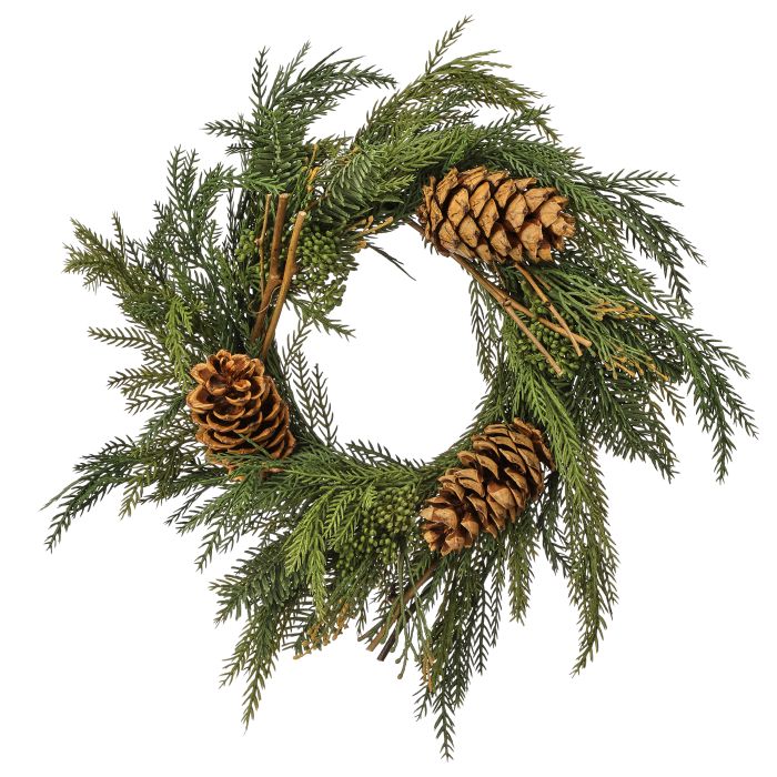 18" UV-safe Mixed Evergreen Wreath with Large Pinecones