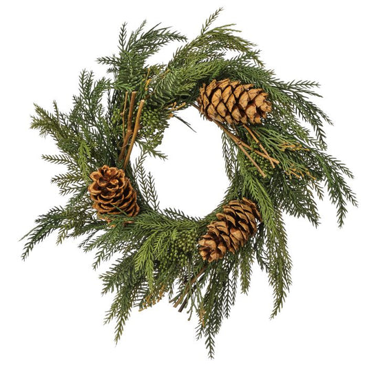 18" UV-safe Mixed Evergreen Wreath with Large Pinecones