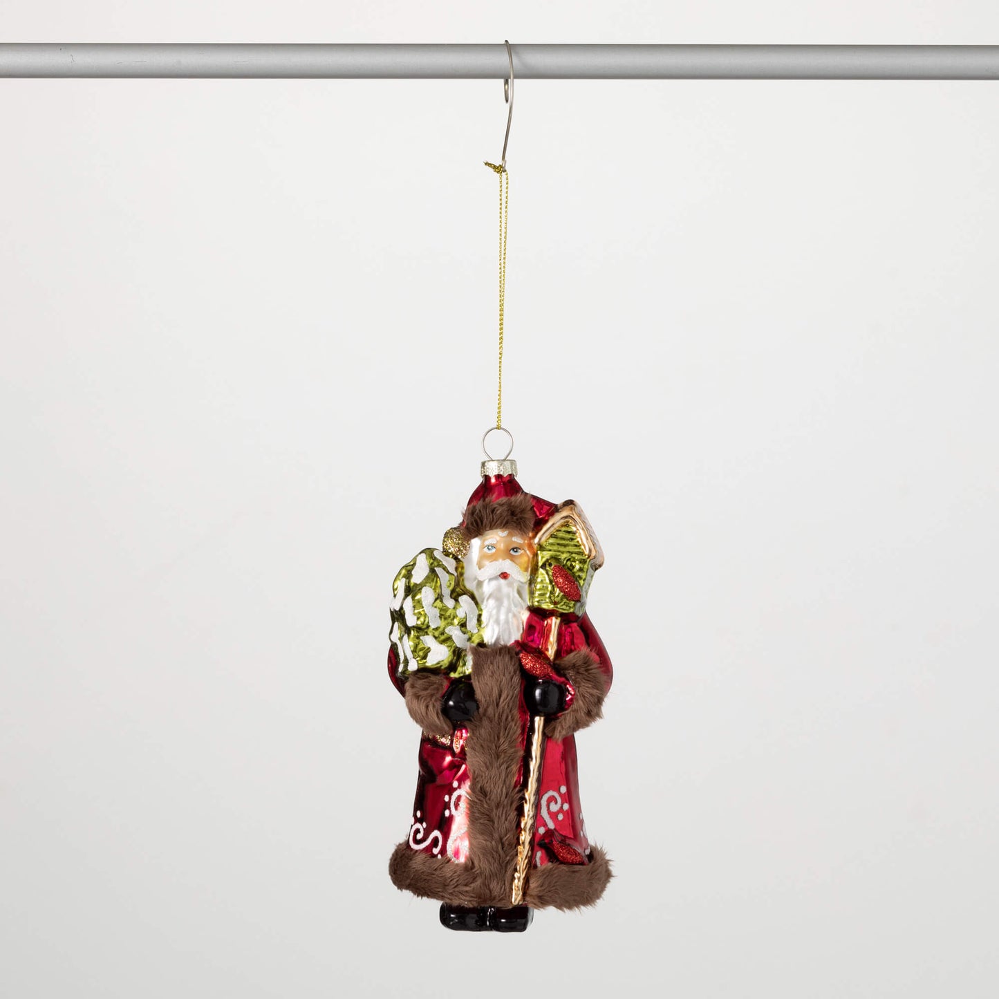 GLASS SANTA W/ FUR TRIM ORNAMENT