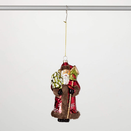 GLASS SANTA W/ FUR TRIM ORNAMENT