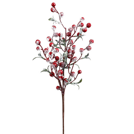 Artificial Red Berry stem with glittery snow accent