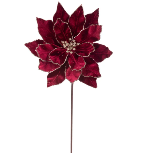 Burgundy and Gold Velvet Poinsettia Stem